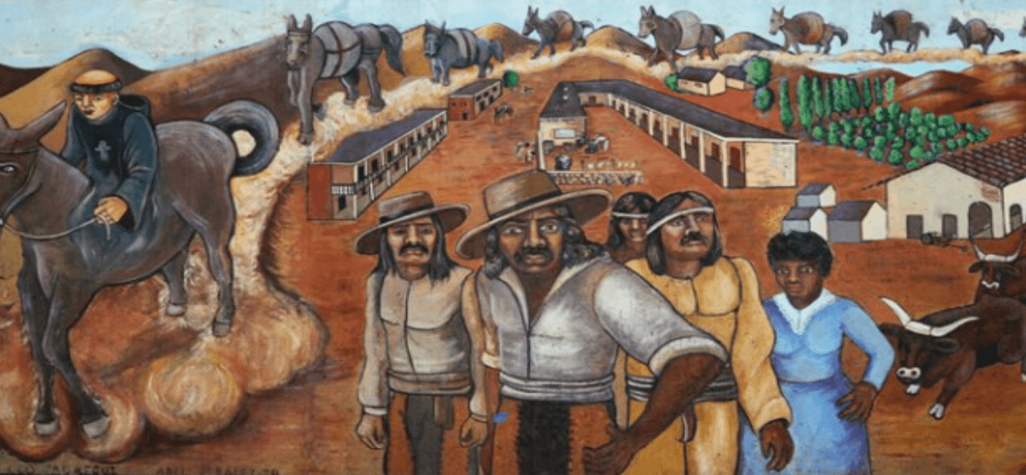 The Great Wall of California mural, conceived by Judy Baca, showing the 1781 founding of Los Angeles primarily by people of mixed Spanish, African, and Native American descent. Courtesy www.sparcinla.org